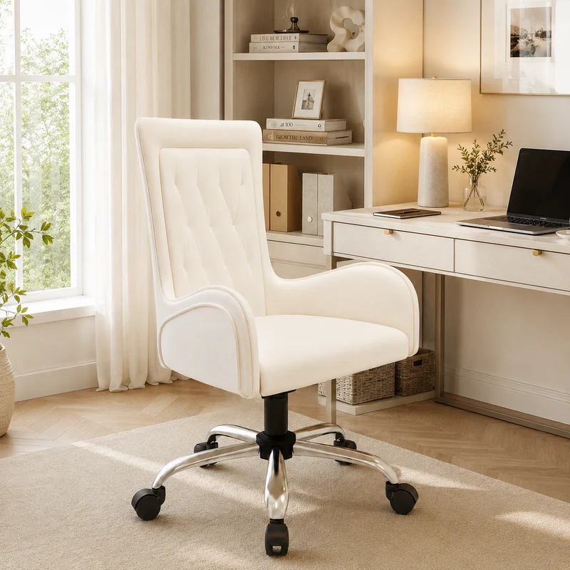 Contemporary Nordic PU Leather Steel Plywood Desk Chair Backrest Armrest For Home Office