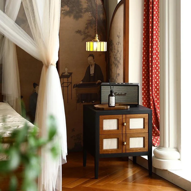 Traditional French Square Cube Rubberwood Mesh Nightstand 2 - Drawer For Bedroom