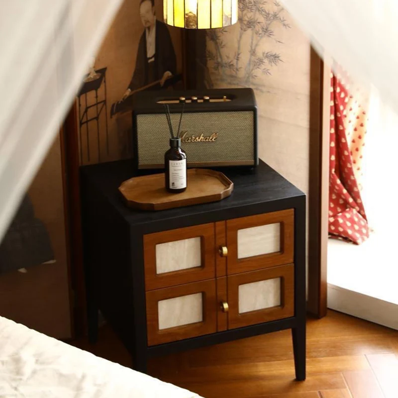 Traditional French Square Cube Rubberwood Mesh Nightstand 2 - Drawer For Bedroom