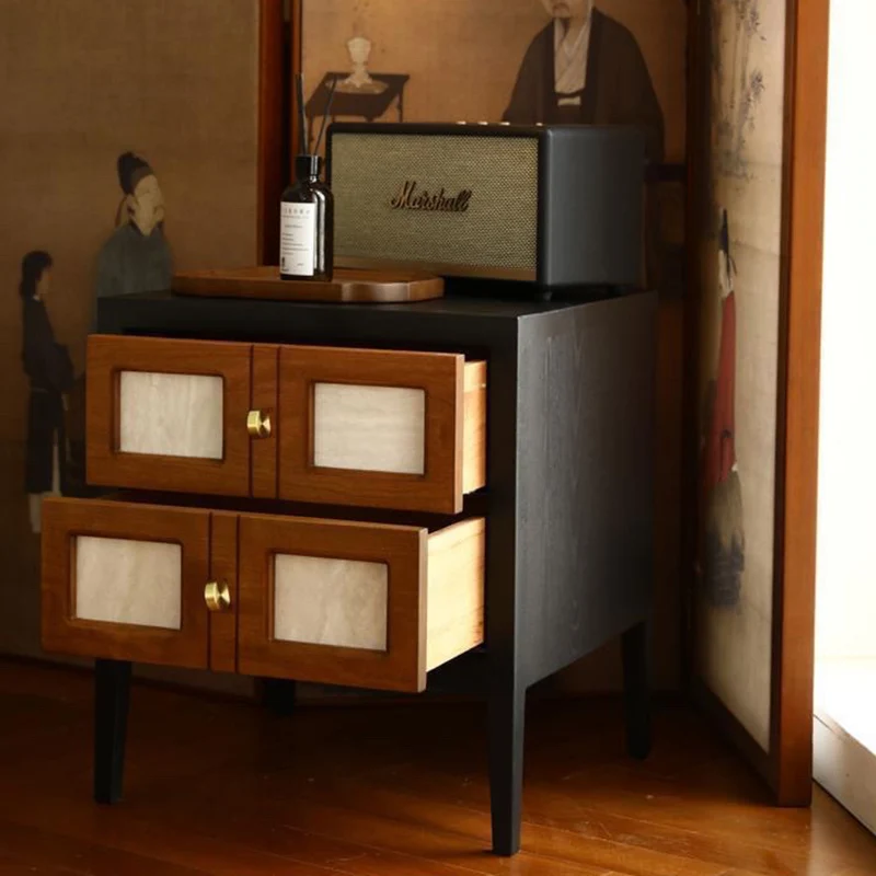 Traditional French Square Cube Rubberwood Mesh Nightstand 2 - Drawer For Bedroom