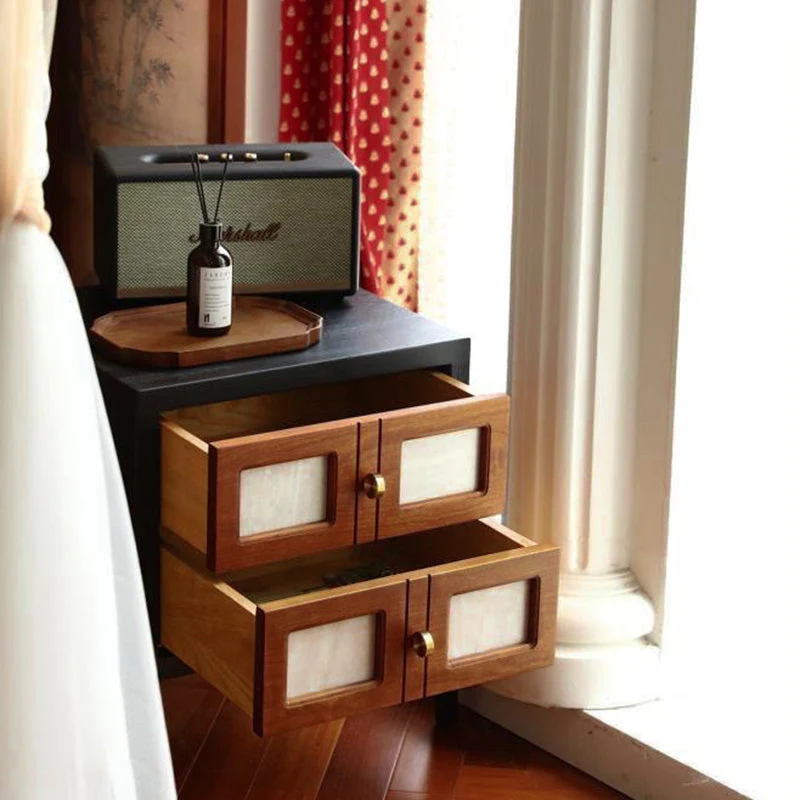 Traditional French Square Cube Rubberwood Mesh Nightstand 2 - Drawer For Bedroom