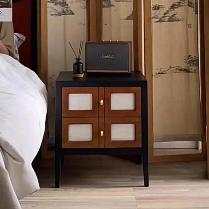 Traditional French Square Cube Rubberwood Mesh Nightstand 2 - Drawer For Bedroom