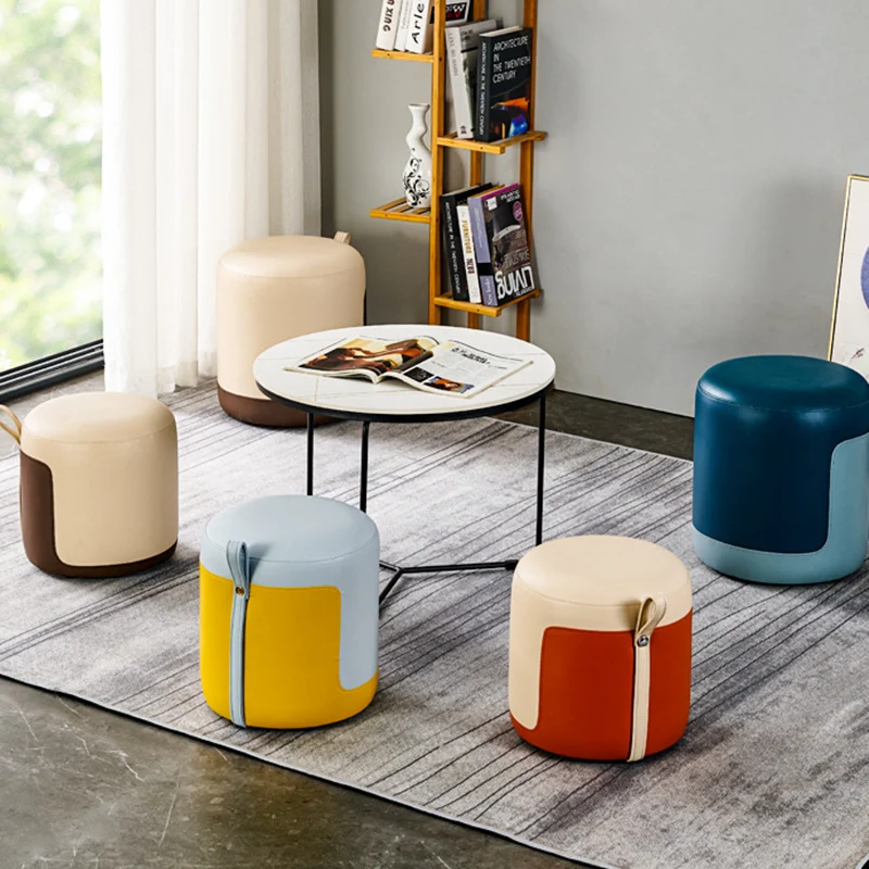 Contemporary Nordic Round Faux Leather Wood-Based Internal Frame Low Stool For Bedroom