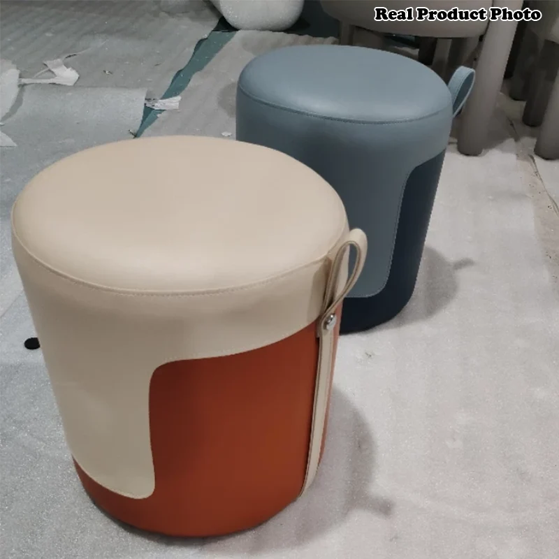 Contemporary Nordic Round Faux Leather Wood-Based Internal Frame Low Stool For Bedroom