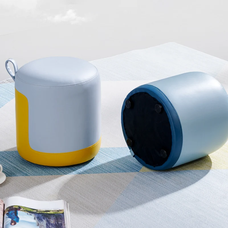 Contemporary Nordic Round Faux Leather Wood-Based Internal Frame Low Stool For Bedroom