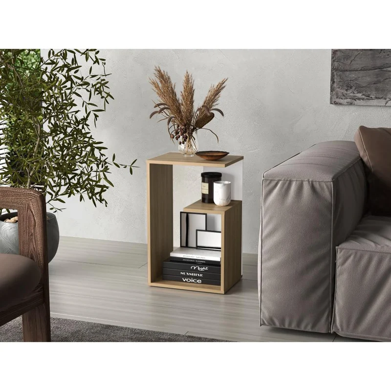 Mesa de Noche Evert, Fresno Europeo y Blanco, con Diseño Moderno y Espacio para Ubicar Objetos