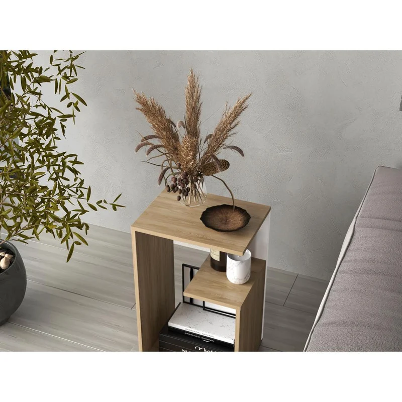 Mesa de Noche Evert, Fresno Europeo y Blanco, con Diseño Moderno y Espacio para Ubicar Objetos