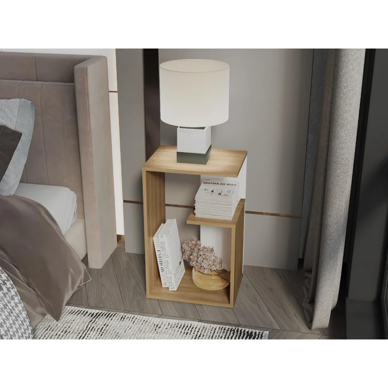 Mesa de Noche Evert, Fresno Europeo y Blanco, con Diseño Moderno y Espacio para Ubicar Objetos