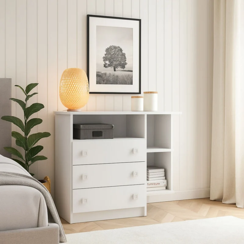 Cómoda y Organizador Manaos Blanco con 3 Cajones y 2 Compartimientos.