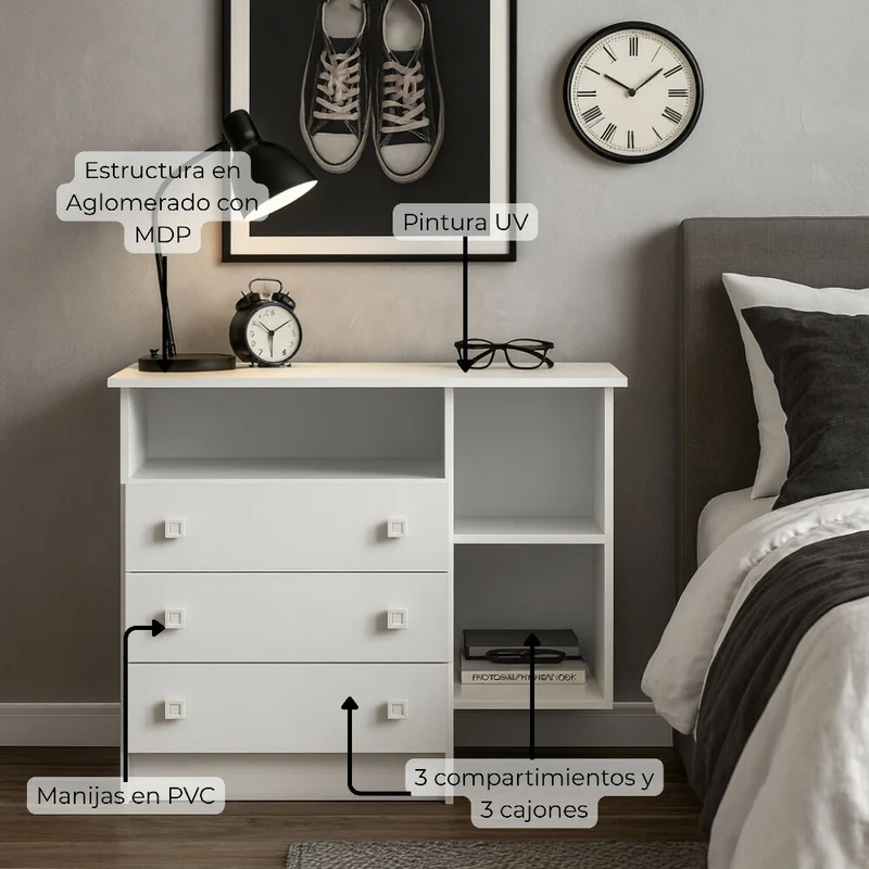 Cómoda y Organizador Manaos Blanco con 3 Cajones y 2 Compartimientos.