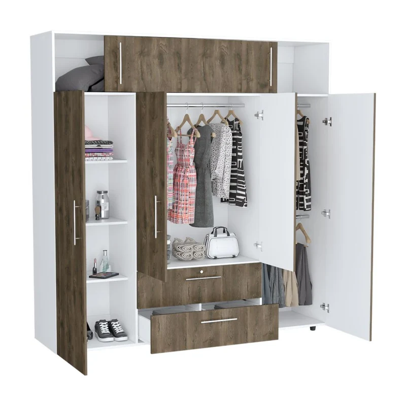 Clóset Babel, Avellana y Blanco, con Cuatro Puertas Abatibles y Cuatro Cajones Multiusos
