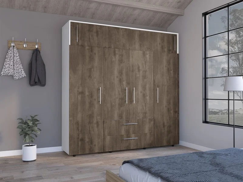 Clóset Babel, Avellana y Blanco, con Cuatro Puertas Abatibles y Cuatro Cajones Multiusos