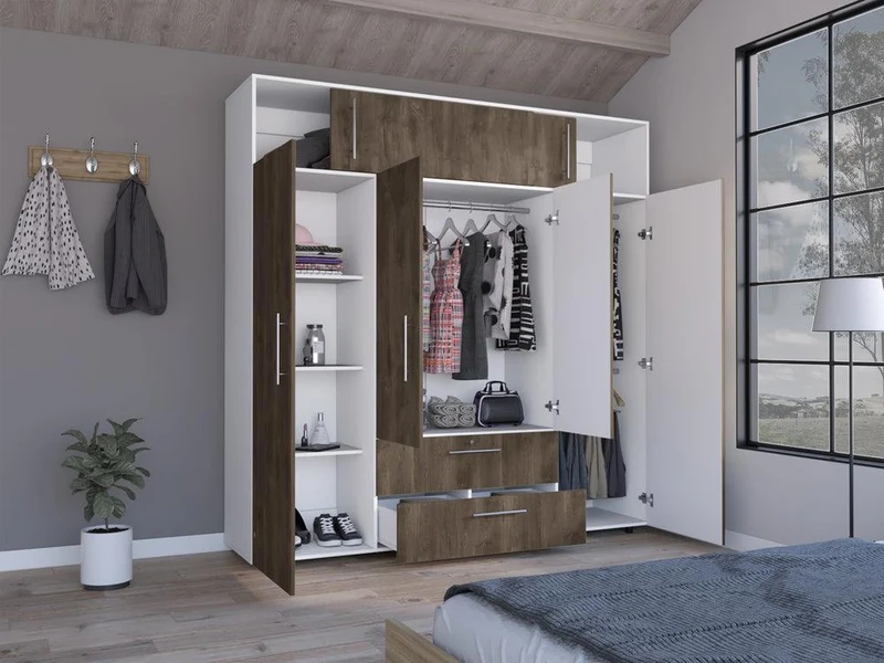 Clóset Babel, Avellana y Blanco, con Cuatro Puertas Abatibles y Cuatro Cajones Multiusos