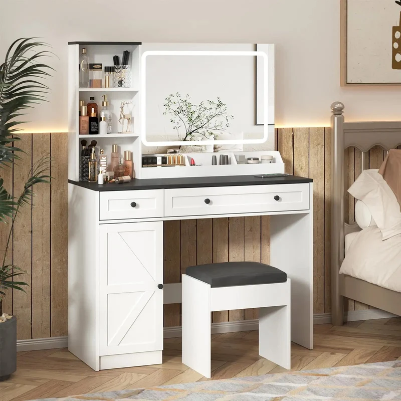 Farmhouse Makeup Vanity Table Set with Light Mirror