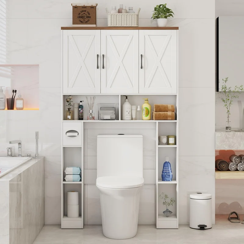 Farmhouse Over The Toilet Storage Cabinet with 3 Barn Doors