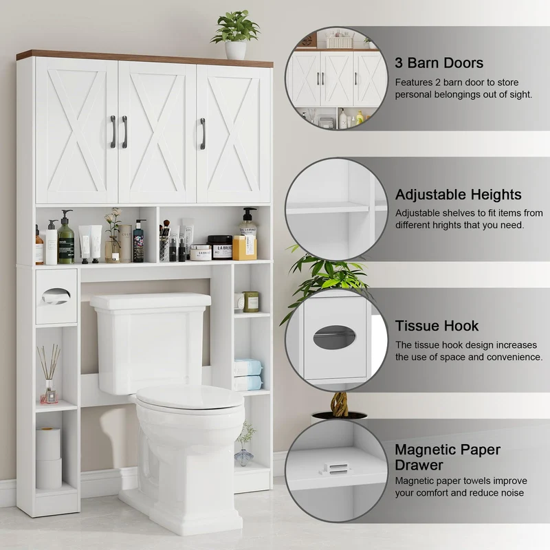 Farmhouse Over The Toilet Storage Cabinet with 3 Barn Doors