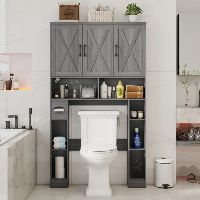 Farmhouse Over The Toilet Storage Cabinet with 3 Barn Doors