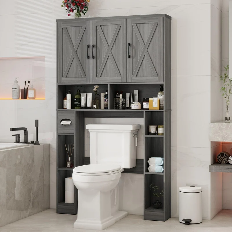 Farmhouse Over The Toilet Storage Cabinet with 3 Barn Doors