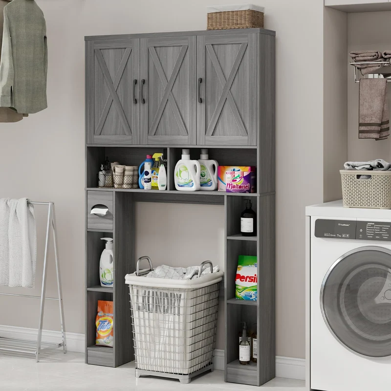 Farmhouse Over The Toilet Storage Cabinet with 3 Barn Doors
