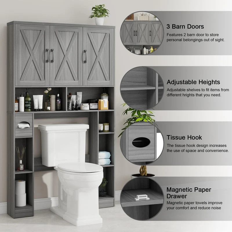 Farmhouse Over The Toilet Storage Cabinet with 3 Barn Doors