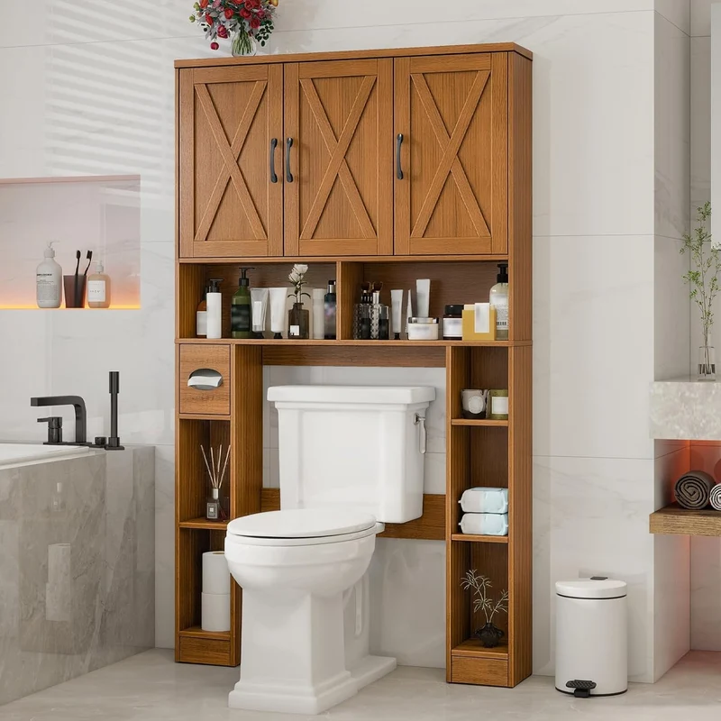 Farmhouse Over The Toilet Storage Cabinet with 3 Barn Doors