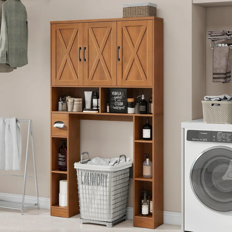 Farmhouse Over The Toilet Storage Cabinet with 3 Barn Doors