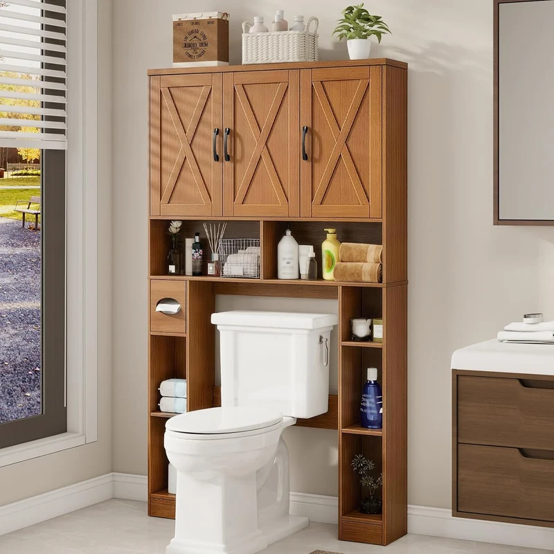 Farmhouse Over The Toilet Storage Cabinet with 3 Barn Doors