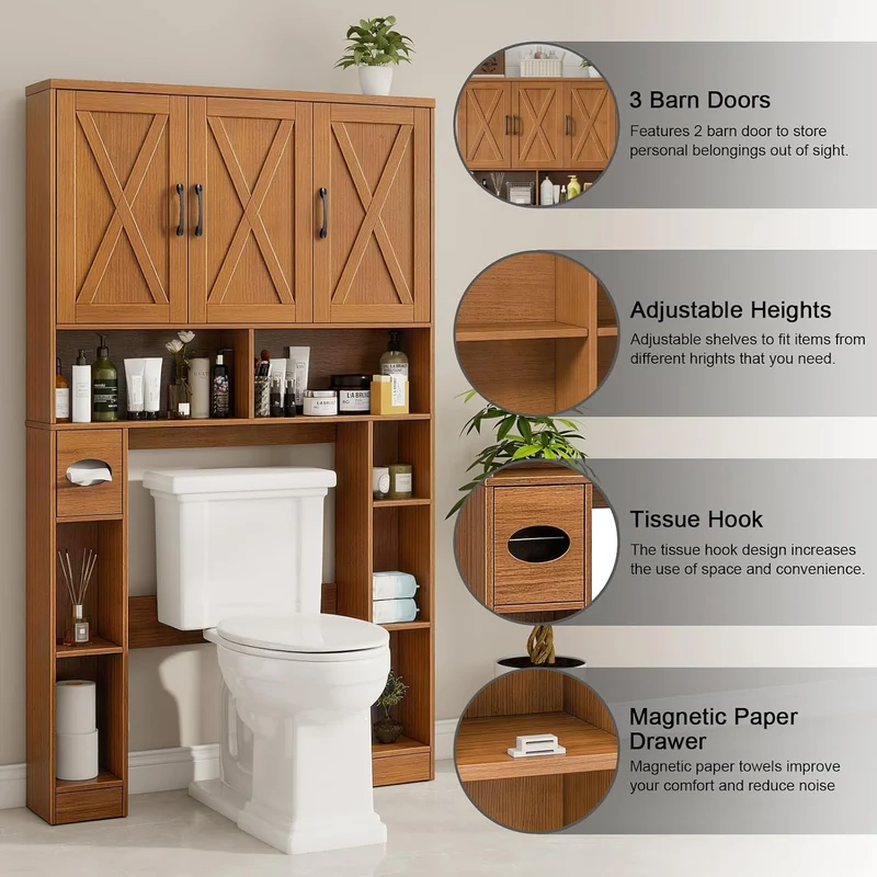 Farmhouse Over The Toilet Storage Cabinet with 3 Barn Doors