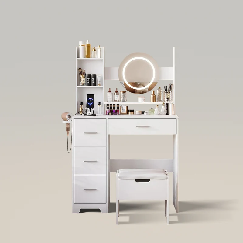White Makeup Vanity with Adjustable 3 Lighting Modes and 4 Large Drawers