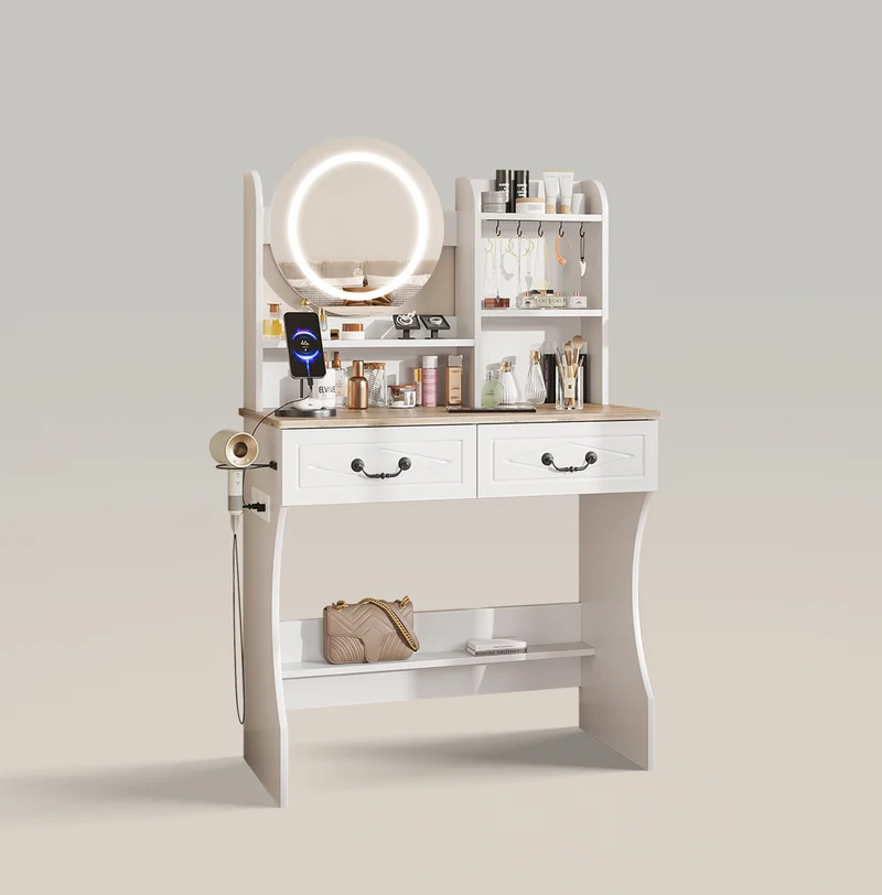 Makeup Vanity Desk Dressing Table with Charging Station with 2 Drawers