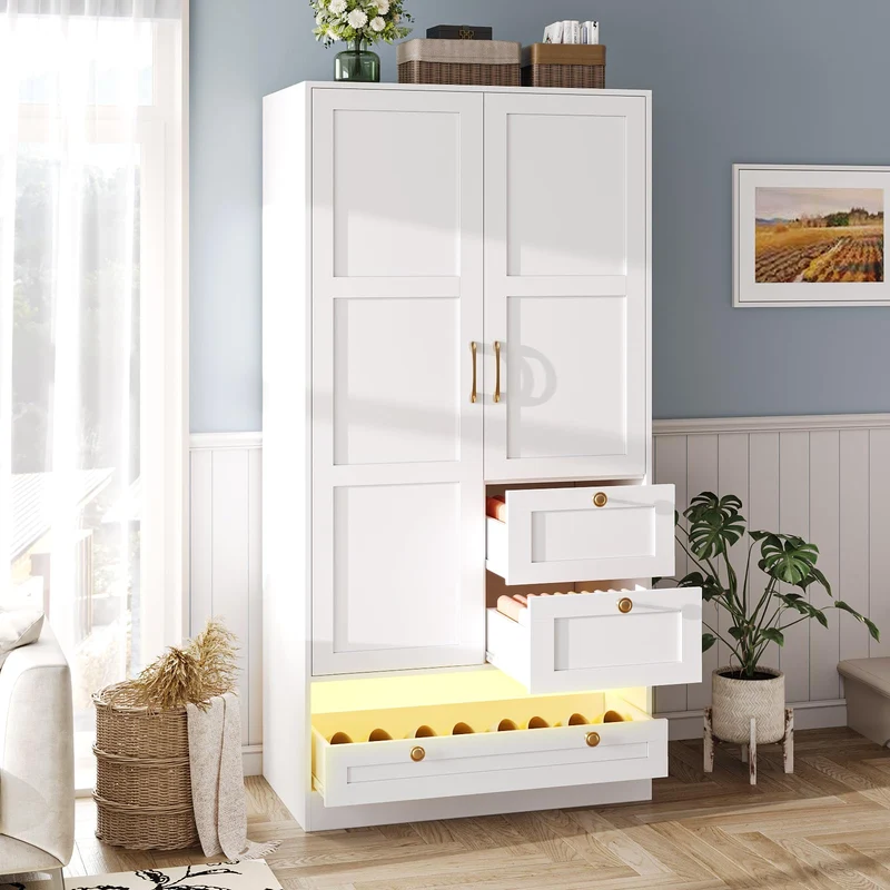 2 Doors Armoire Wardrobe Closet with Drawers and LED Lights