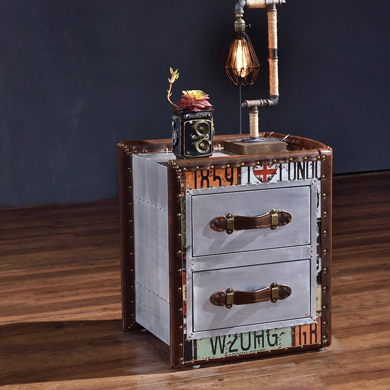 Traditional Vintage Wood PU Leather Cubic Book-Shape Side Table 2-Drawer For Living Room