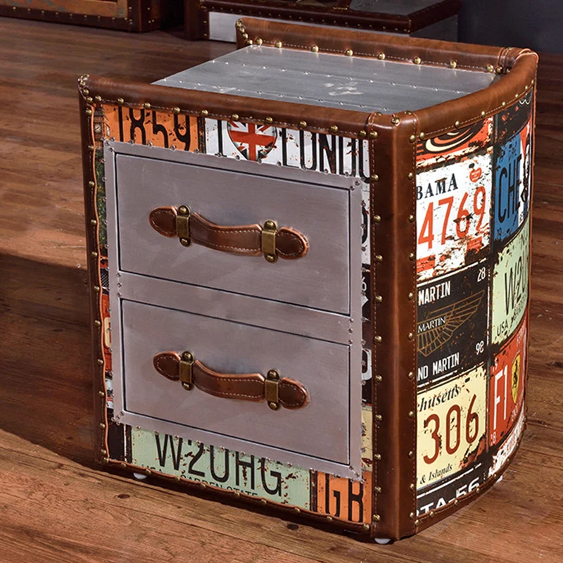 Traditional Vintage Wood PU Leather Cubic Book-Shape Side Table 2-Drawer For Living Room