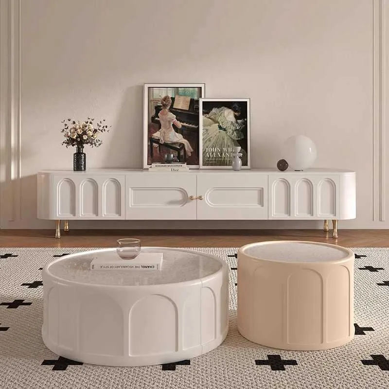 Traditional French Solid Wood Panel Glass Stainless Steel Rectangular Arched Door TV Stand 2-Cabinet Drawer For Living Room