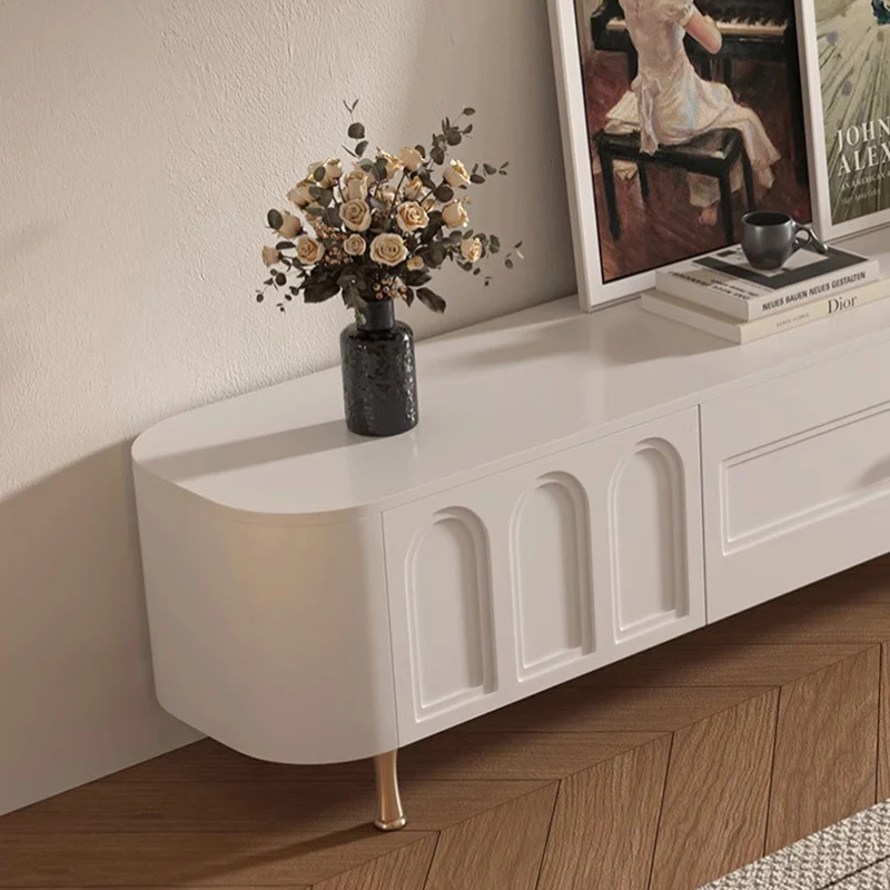 Traditional French Solid Wood Panel Glass Stainless Steel Rectangular Arched Door TV Stand 2-Cabinet Drawer For Living Room