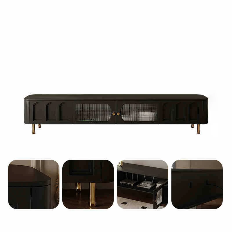 Traditional French Solid Wood Panel Glass Stainless Steel Rectangular Arched Door TV Stand 2-Cabinet Drawer For Living Room