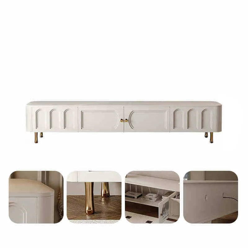Traditional French Solid Wood Panel Glass Stainless Steel Rectangular Arched Door TV Stand 2-Cabinet Drawer For Living Room