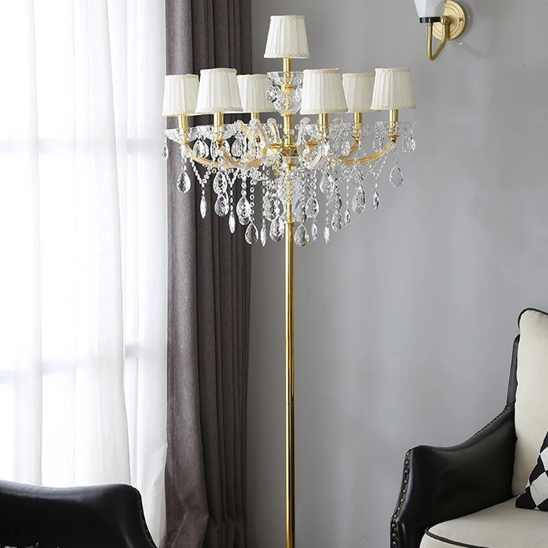 Traditional European Candle Glass Fabric Metal 7-Light Standing Floor Lamp For Living Room