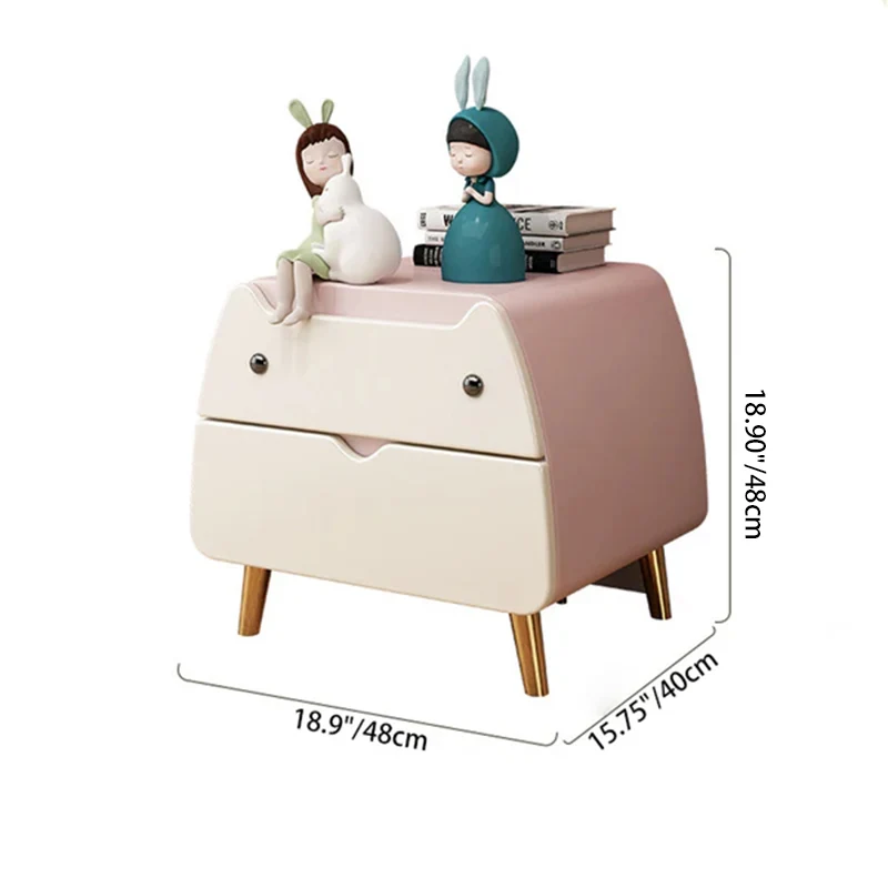 Contemporary Creative Kids Cartoon Cat Solid Wood Carbon Steel Microfiber Leather Nightstand 2-Drawer For Bedroom