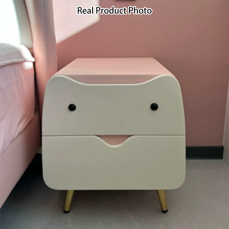 Contemporary Creative Kids Cartoon Cat Solid Wood Carbon Steel Microfiber Leather Nightstand 2-Drawer For Bedroom