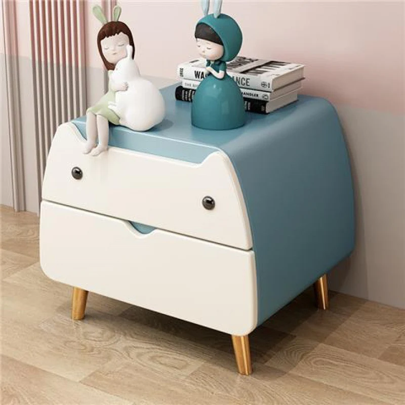 Contemporary Creative Kids Cartoon Cat Solid Wood Carbon Steel Microfiber Leather Nightstand 2-Drawer For Bedroom