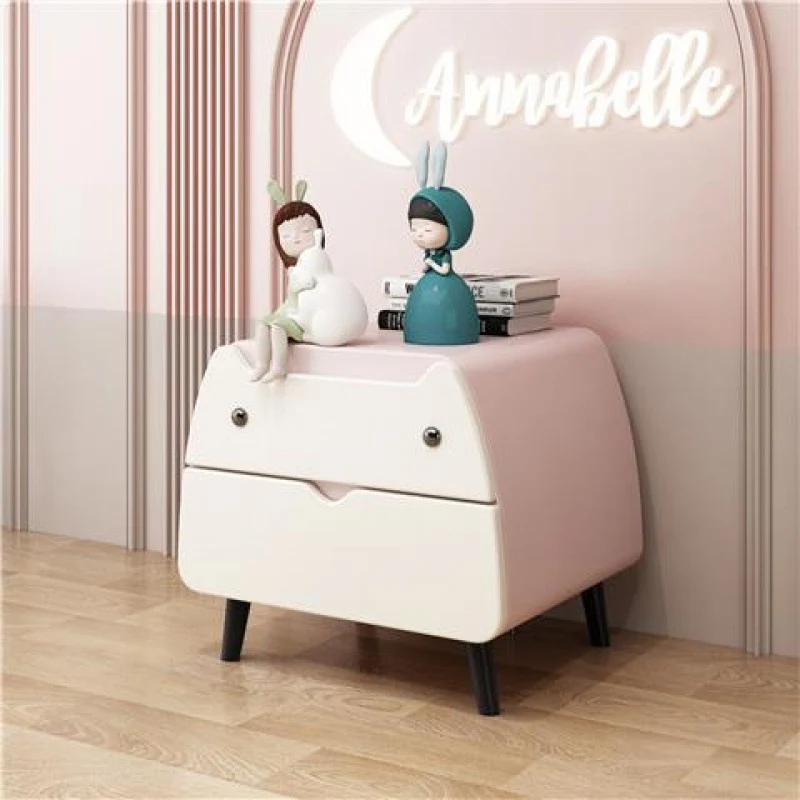 Contemporary Creative Kids Cartoon Cat Solid Wood Carbon Steel Microfiber Leather Nightstand 2-Drawer For Bedroom