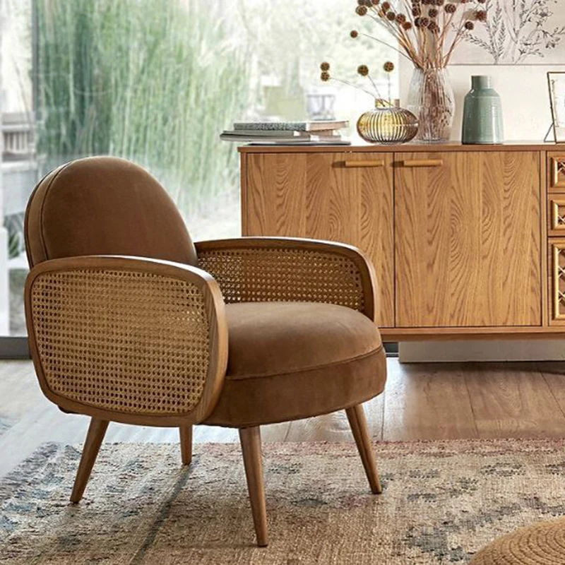 Traditional Japanese Half Round Curved Sherpa Fabric Rattan Accent Chair Backrest Armrest For Living Room