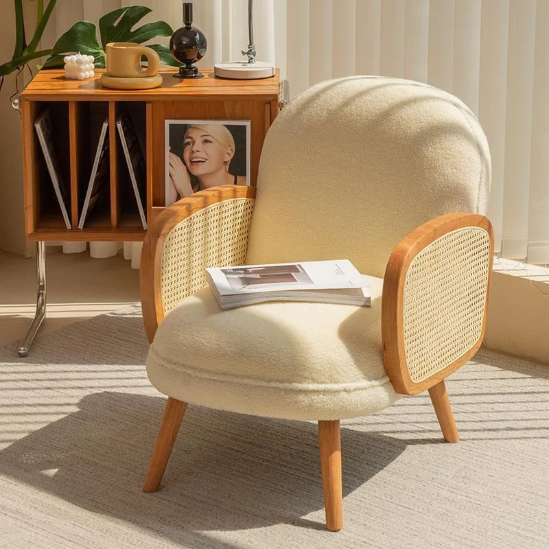 Traditional Japanese Half Round Curved Sherpa Fabric Rattan Accent Chair Backrest Armrest For Living Room