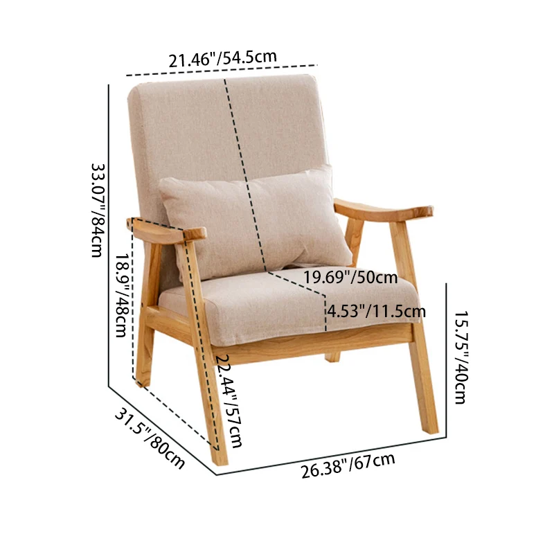 Traditional Japanese Bent Rectangular Square Trapezoidal Faux Leather Solid Wood Accent Chair Backrest Armrest For Living Room