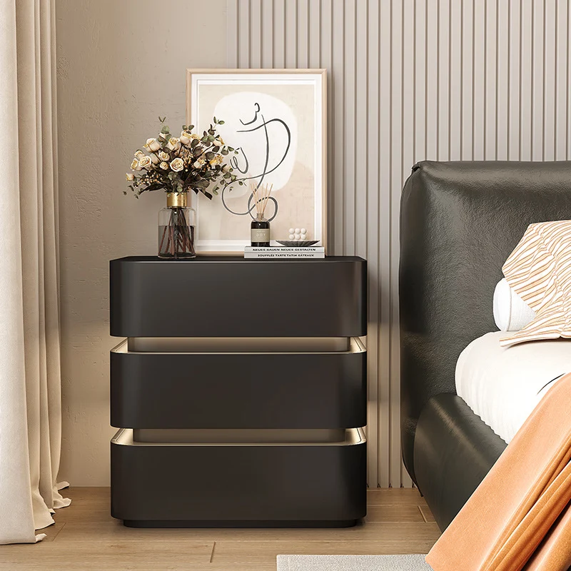 Modern Minimalist Square Cube Solid Eucalyptus Plywood Light Strip Nightstand 3 - Drawer For Bedroom