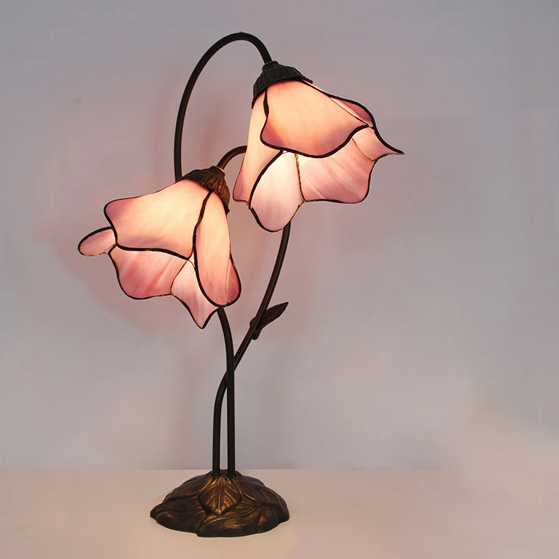 Traditional European Lotus Glass Shade Resin Base 2-Light Table Lamp For Bedroom