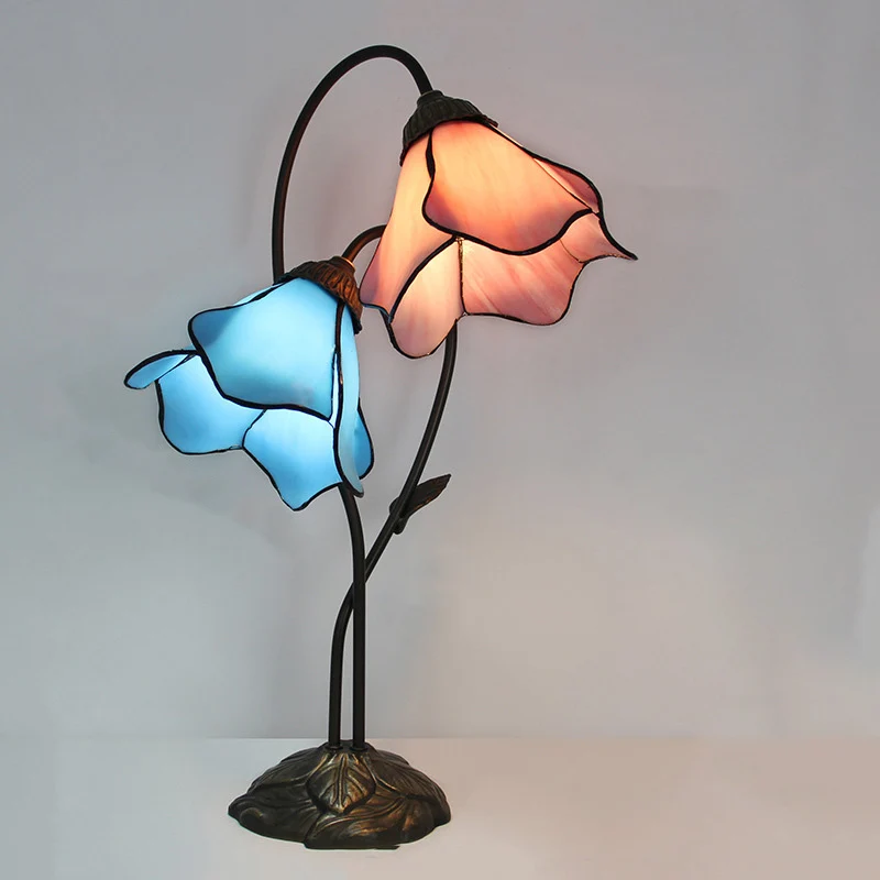 Traditional European Lotus Glass Shade Resin Base 2-Light Table Lamp For Bedroom
