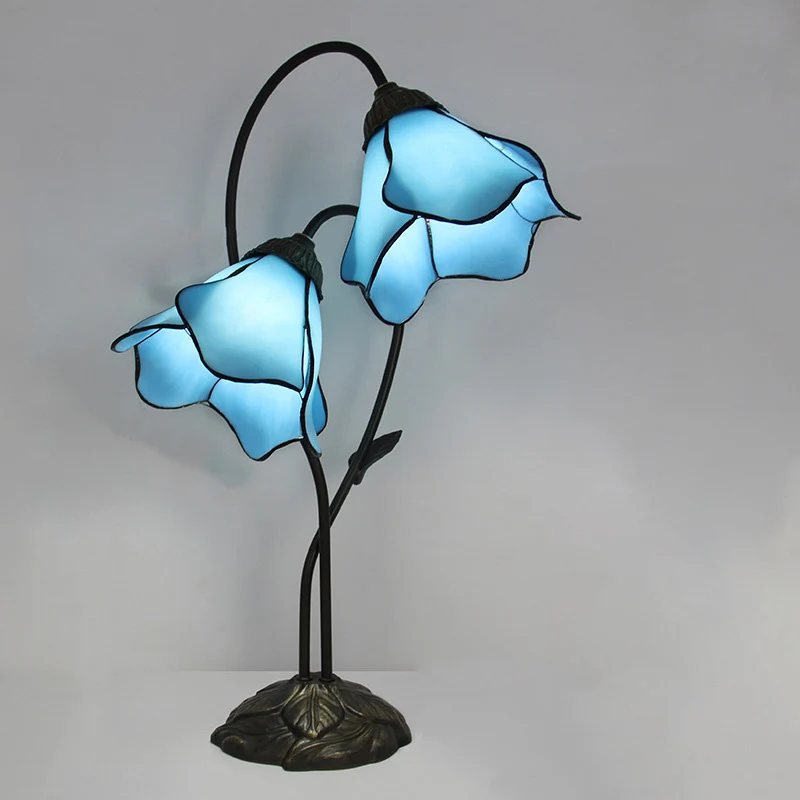Traditional European Lotus Glass Shade Resin Base 2-Light Table Lamp For Bedroom