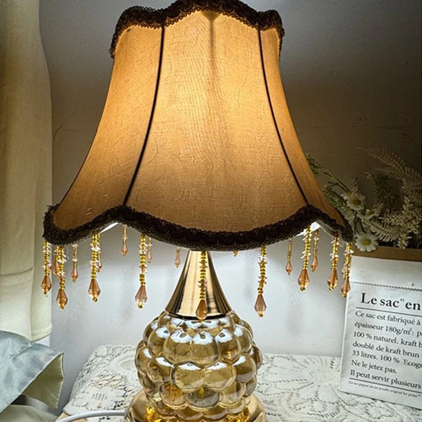Traditional European Glass Base Fabric Tassel Shade 1-Light Table Lamp For Bedroom